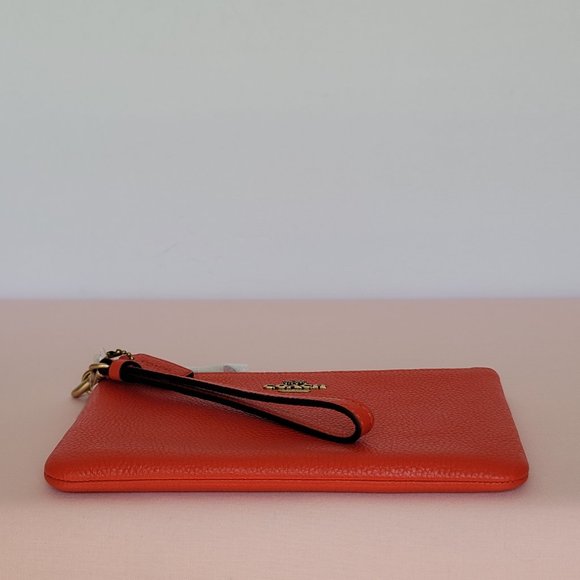 COACH Small Wristlet in Polished Pebbled Leather -Red Orange - Picture 10 of 16